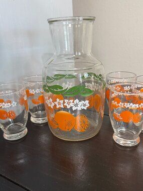 Vintage MCM Anchor Hocking Orange Blossom Juice Carafe And 5 Juice Glasses